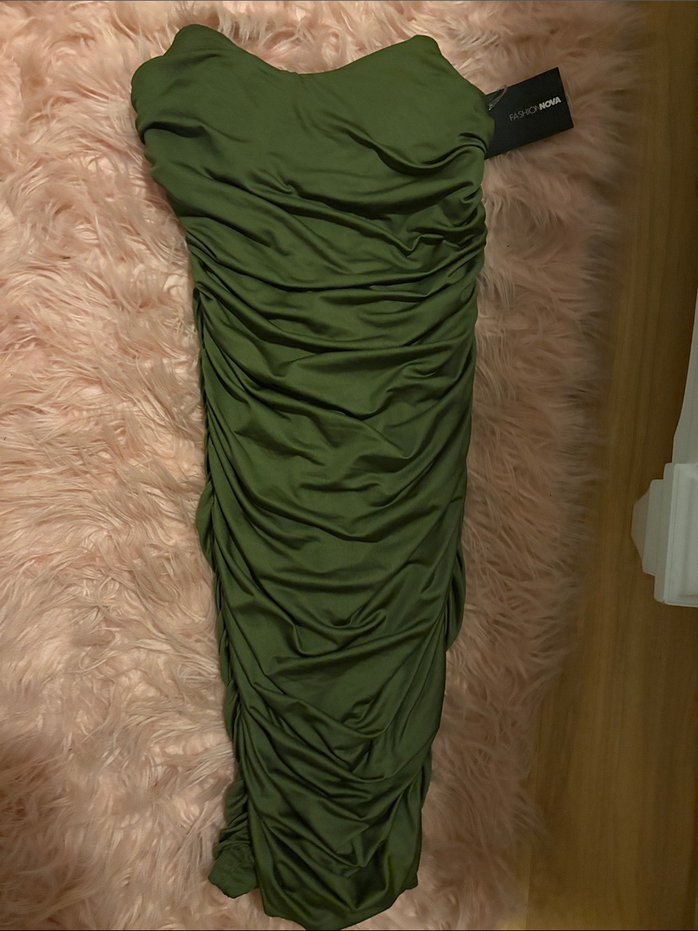 Fashion Nova Olive Green Strapless Ruched Dress